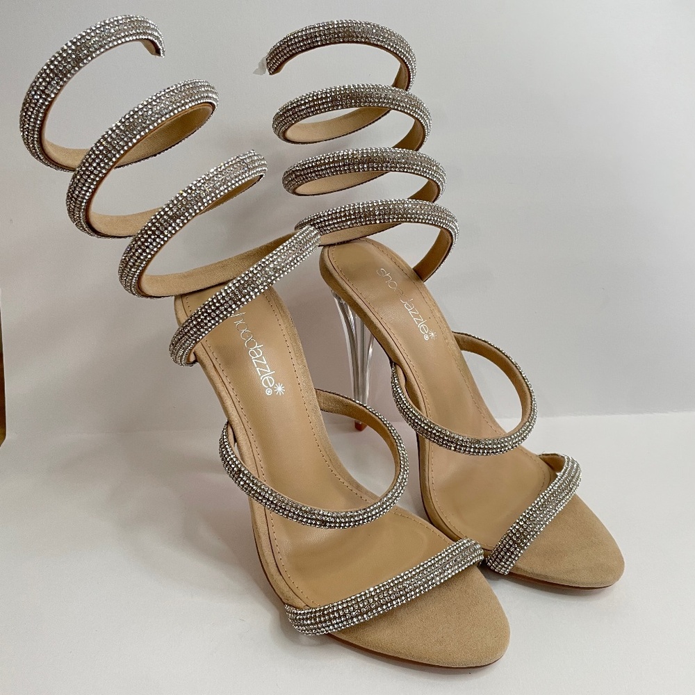 Shoedazzle Womens Open Toe Silver and Nude Heels Size 8.5 Jewel Sparkle Stringy